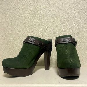 DVF Green and wood clog heels
